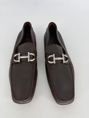 Salvatore Ferragamo Dark Brown Leather Gancini Loafers Men's Size 10